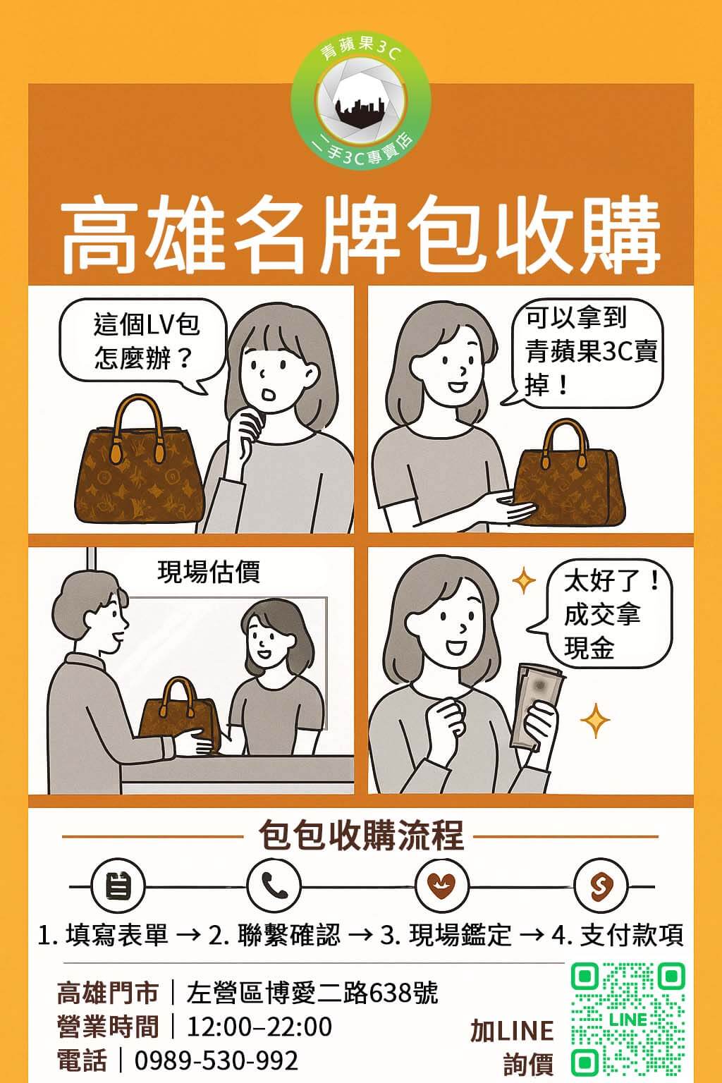 想出售二手名牌包?青蘋果3C收購LV、CHANEL、HERMÈS、RIMOWA等精品包,支援免費估價、實體門市交易,價格透明快速成交。
